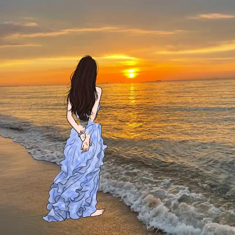 海边女生背影头像|手绘